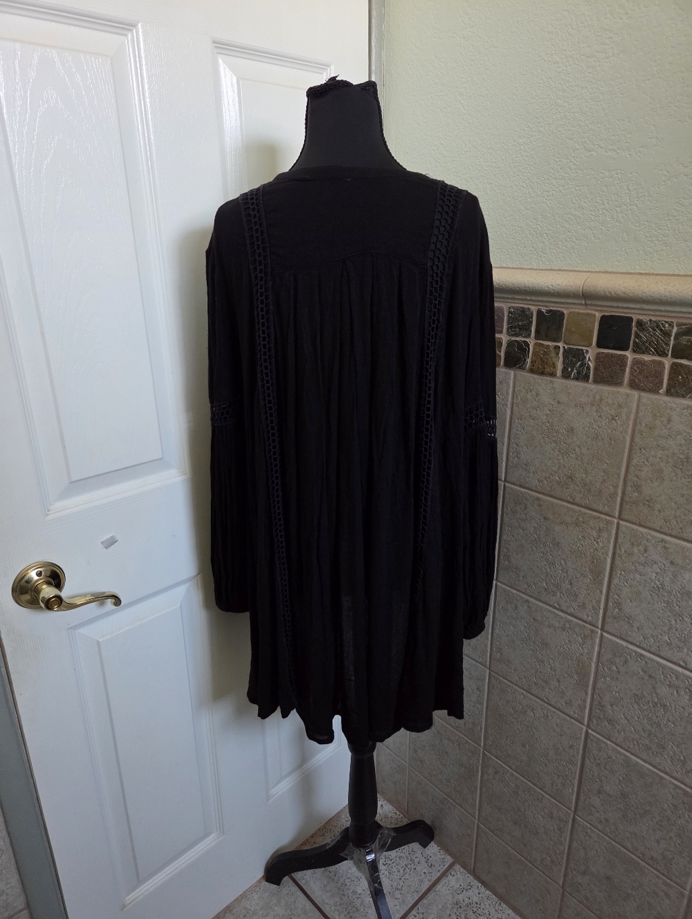 Free People Black Boho V-Neck Peasant Tunic Mini Dress Festival Goth Bohemian S - Picture 7 of 10